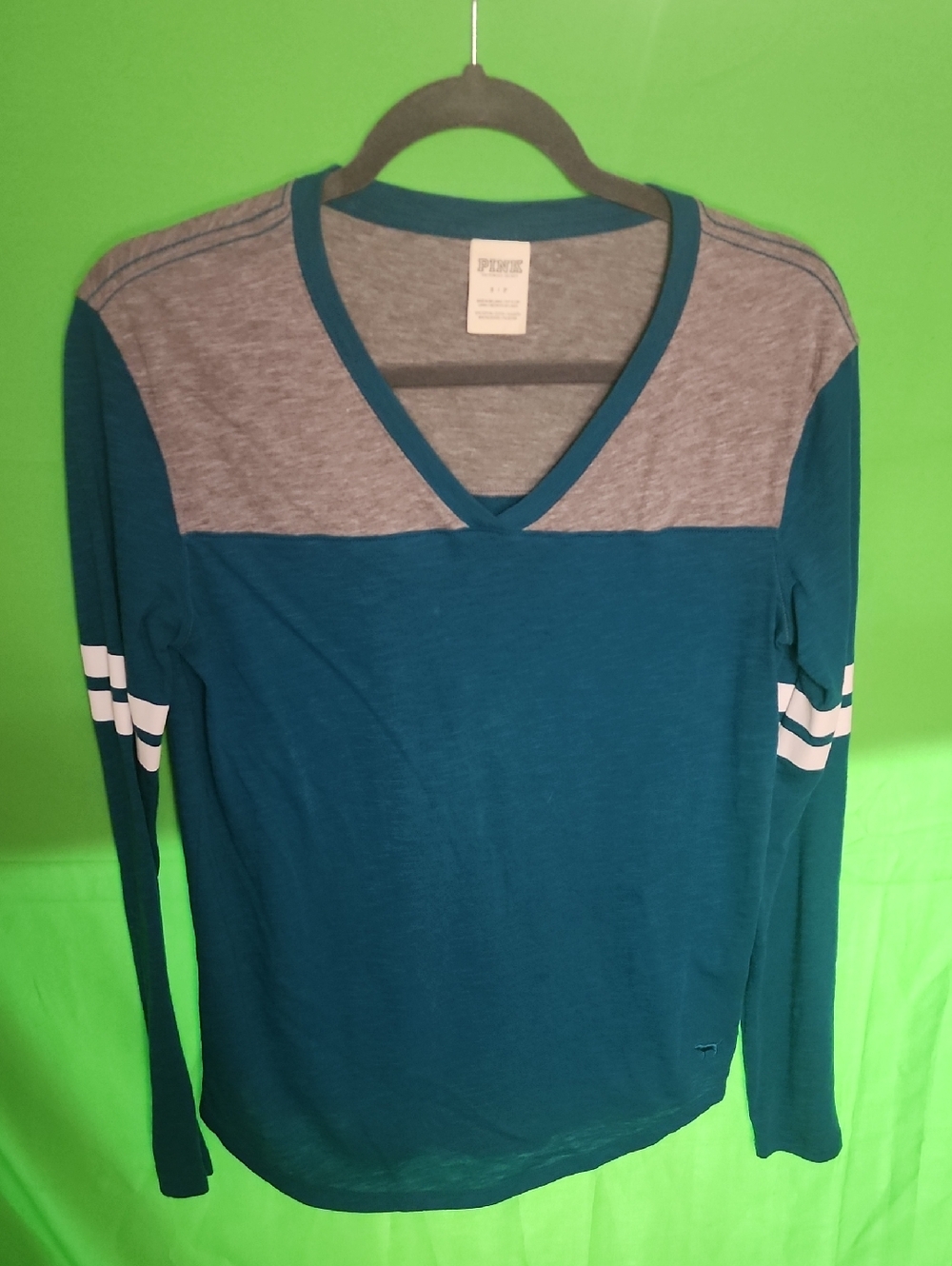 Victoria's Secret PINK Teal Colorblock V-Neck Varsity Long Sleeve Tee Size S | P